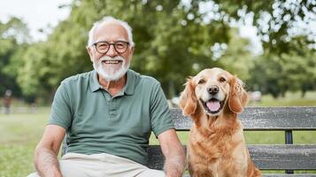 An older man sitting on a park bench with his dog photo