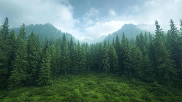 lozano verde bosque con imponente arboles y brumoso montañas fondo, creando sereno atmósfera foto