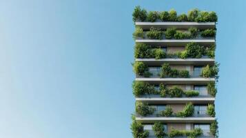 An apartment building with plants growing on the balconies photo