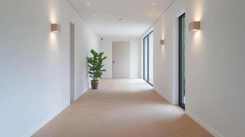 Modern hallway featuring soft wall lights, herringbone floor, and potted plant creates serene photo