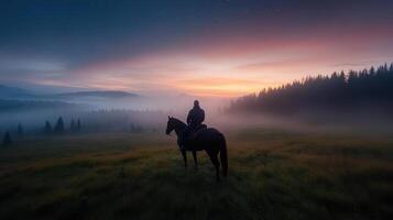 Serene landscape featuring person horseback, gazing glowing horizon starry sky. misty wilderness photo