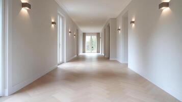 Spacious hallway with soft wall lights, herringbone floor, and natural light photo