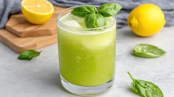 A green drink with basil leaves and ice photo