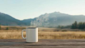 Steaming travel mug sits wooden table, surrounded by serene mountain landscape. cold air photo