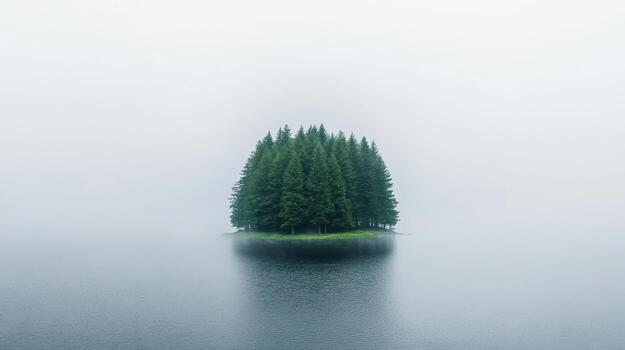 Misty island of trees surrounded by calm lake water creates serene atmosphere photo