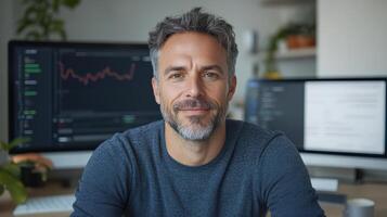 Professional man modern workspace, smiling confidently with computer screens displaying data photo