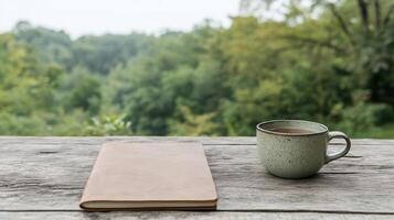 Serene leather journal and cup of tea on rustic wooden table, surrounded by lush greenery photo