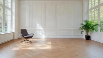 Spacious room with modern armchair, elegant wood paneling, and natural light streaming photo