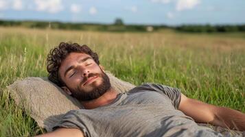 Relaxing man lying on blanket in grassy field, enjoying peaceful afternoon nap photo