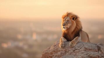 Majestic lion resting atop rocky ridge in warm light, exuding calm and strength photo