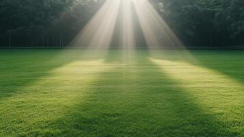 Lush green grass illuminated by sunlight beams creates serene atmosphere in nature photo