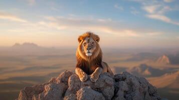 Majestic lion resting atop rocky ridge in warm light, exuding strength and serenity photo