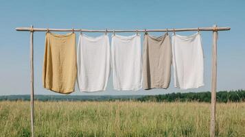 Soft linen clothing drying outside in gentle breeze under clear sky photo