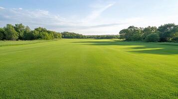 Lush green meadow with vibrant grass under clear blue sky, creating serene atmosphere photo