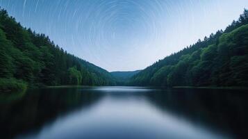 Long exposure captures star trails over serene lake surrounded by lush trees photo