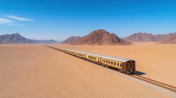 Luxurious train journey across vast desert landscape with mountains in background photo
