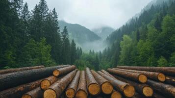 Misty forest landscape with logs stacked in foreground, surrounded by lush greenery and mountains photo