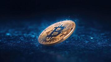 Digital currency coin glowing in dark background, symbolizing modern finance and technology photo