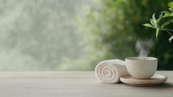 Warm towel, tea, calm focus, morning ritual, relaxation photo