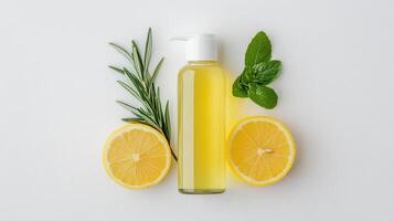 Natural cleanser with citrus and herbs in clear bottle, evoking freshness and vitality photo