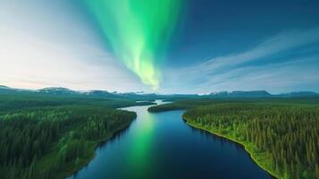 Northern lights illuminate serene lake and lush pine trees, creating magical scene photo