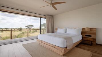 Spacious bedroom with panoramic view of acacia trees and serene landscape photo