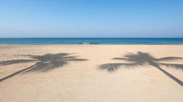 Serene beach scene with palm tree shadows stretching across sunlit sand, inviting relaxation photo