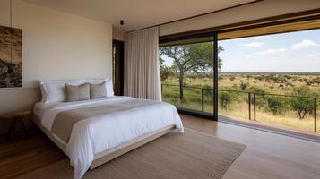 Luxurious bedroom with panoramic view of acacia trees and open landscape, inviting tranquility photo