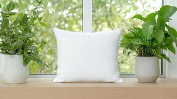Serene window seat features white cushion flanked by lush green plants, creating calming photo