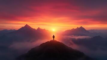 Majestic sunset glow over mountain peaks with lone traveler standing in awe photo