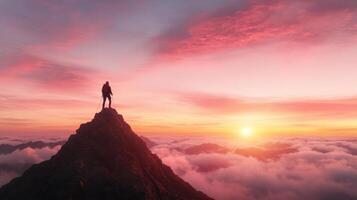 Climber stands triumphantly on mountain peak, surrounded by clouds and vibrant sunset photo
