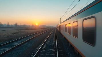 Sunset view from train window, showcasing soft shadows and reflections on glass photo