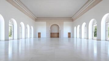 Spacious interior view of minimalist royal chamber featuring elegant arches and light colors photo