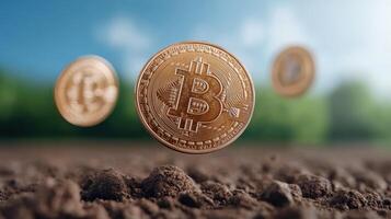 Digital currency coins floating above soil, symbolizing growth and innovation in finance photo