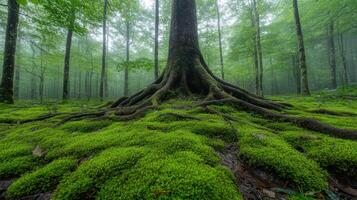 Lush green forest with thick roots and moss covering ground creates serene atmosphere photo