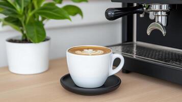 Cozy espresso cup with latte art sits on black saucer beside coffee machine and green plant photo