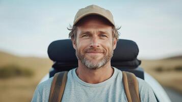 Adventurous traveler with backpack smiling in nature, enjoying outdoors photo