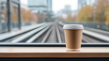 Travel tumbler rests windowsill, with blurred train tracks background, evoking sense of journey photo
