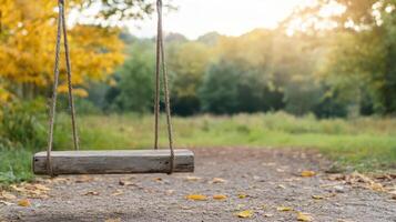 Rustic wooden swing hangs from tree along serene forest path, illuminated by golden hour light photo