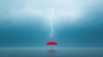 Vibrant red umbrella stands alone in stormy landscape, illuminated by striking lightning bolt photo