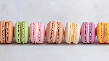 Colorful macarons arranged row, showcasing various flavors and textures, creating delightful photo