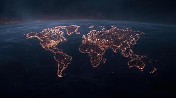 Illuminated world map showcasing city lights night, representing global connectivity photo