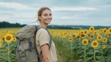 Joyful traveler walks through vibrant sunflower field, carrying backpack photo