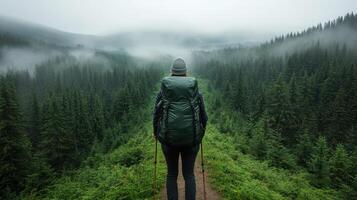 Wanderer stands on forest trail, surrounded by misty mountains and lush greenery photo