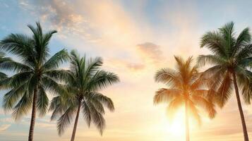 A group of palm trees on the beach at sunset photo