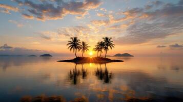 The sun sets over a small island in the middle of the ocean photo