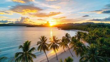 The sun sets over a tropical beach and palm trees photo
