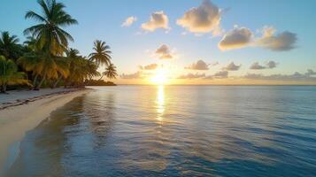 A beautiful beach at sunset with palm trees photo