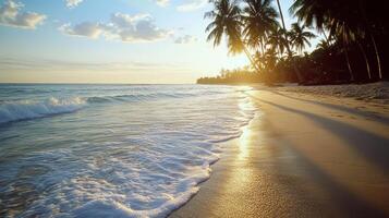 A beach with palm trees and waves at sunset photo
