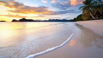 A beautiful beach with palm trees and water at sunset photo